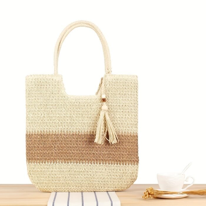 [Everyday Comfort] Large Capacity Woven Straw Tote Bag for Women - Stylish Beach Shoulder Handbag with Tassel Detail, Light Brown & Beige Two-Tone Design, Perfect for Spring and Summer Travel or Casual Outings, Casual Handbag | Chic Straw Tote | Natural Texture, Straw Handbag - Image 11