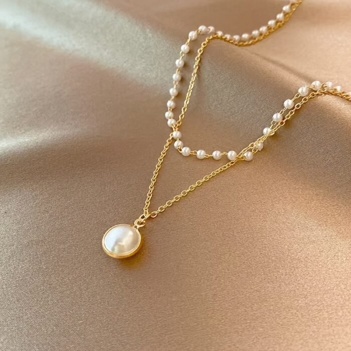 Elegant Double Layer Chain Necklace - Imitation Pearl Pendant, Iron Material, Versatile for Women, Daily & Party Wear, 1pc - Image 6