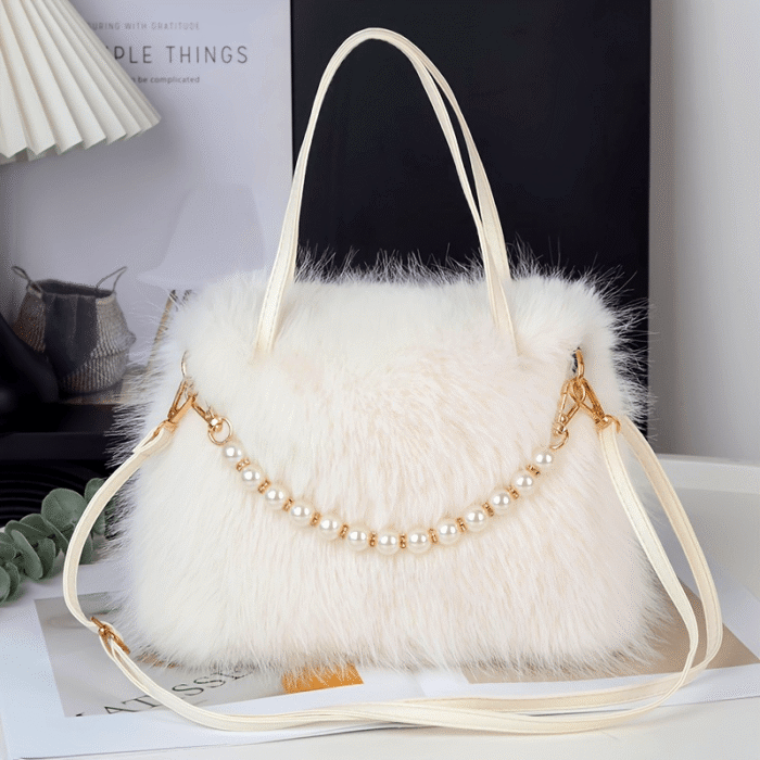 Women's Faux Fur & Embellished Crossbody Bag with Detachable Strap - Magnetic Closure Compact Casual Chic Handbag in Bright Pink, Khaki, Coffee, White, Black, Fashion Accessory, Evening Accessory, Embellishment, Soft Texture - Image 15