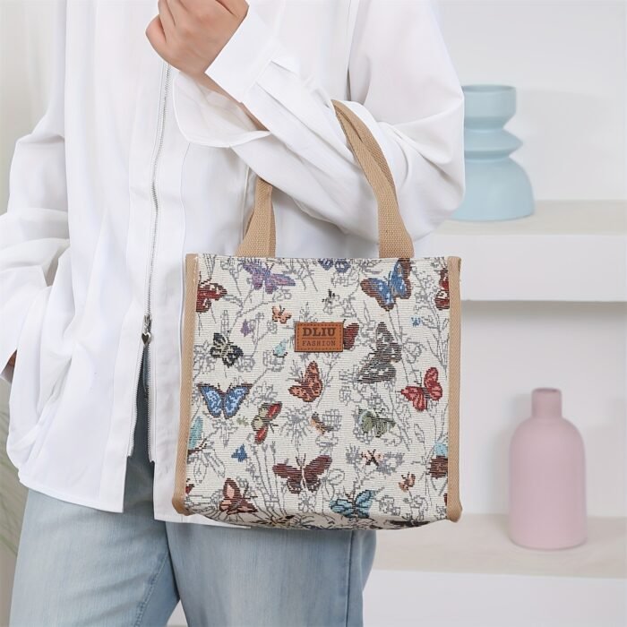 [Retro Handbag] Retro Women's Butterfly & Floral Fabric Handbag | Zipper Closure Small Square Tote with Fixed Shoulder Straps, Portable Work Bag for Everyday Use & Sundries Storage - Image 11