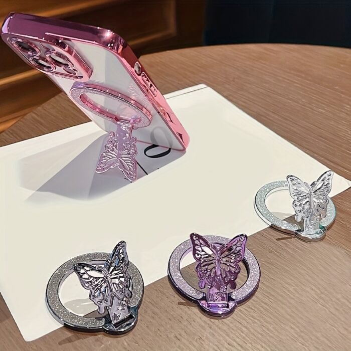 1pc Glitter Butterfly Stand Ultra-Thin Magnetic Wireless Charging Foldable Back Adhesive Phone Case Universal Ring Holder