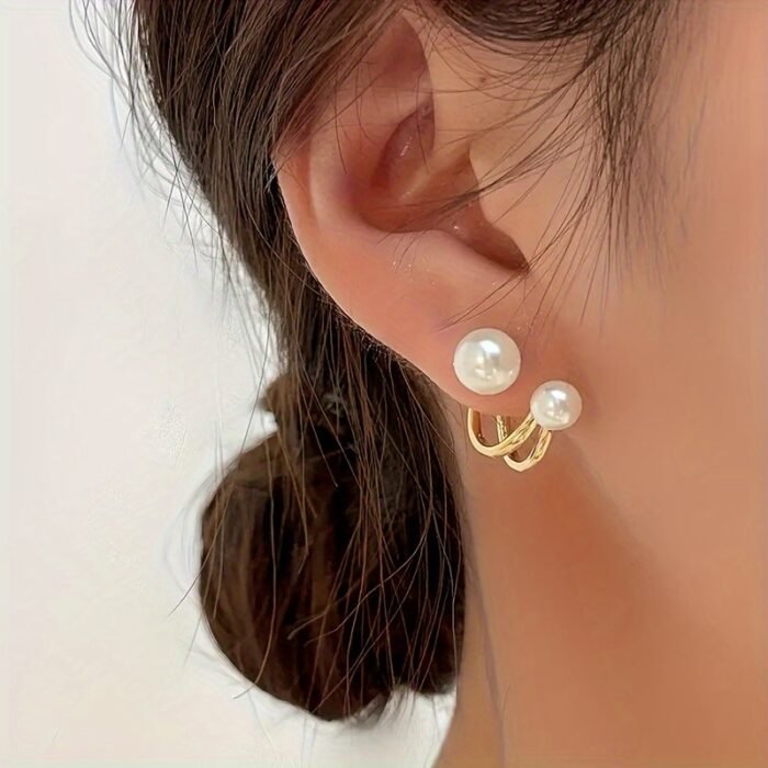 [Elegant Pearl Earrings] Golden-Tone Zinc Alloy Earrings, Elegant Faux Imitation Pearl Stud Earrings | Classic Round White Imitation Pearl, Minimalist Earrings, Versatile Jewelry for Casual Attire and Special Occasions, Seasonal Accessories - Image 3