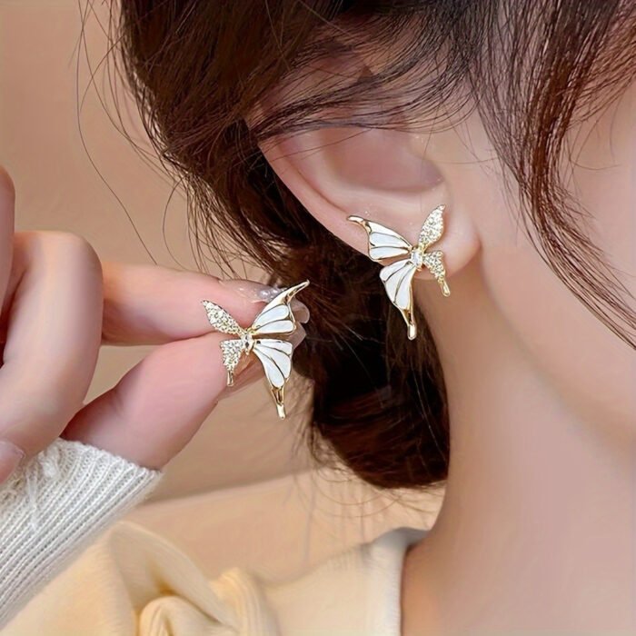 Elegant Butterfly Stud Earrings for Women - Stainless Steel Posts, Alloy with Rhinestone Accents, Perfect for Casual Attire - Image 7