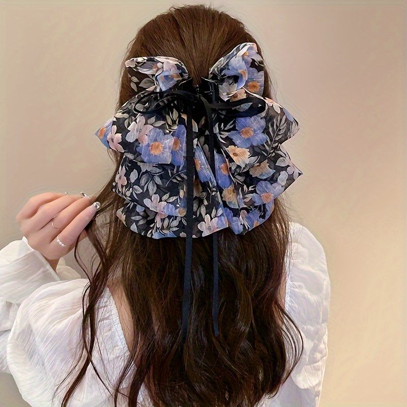 1pc Large Floral Bow Hair Claw Clip - Blue Orange Black White Spring Summer Hair Accessories for Women, Mother’s Day Gift, Party & Everyday Use, Hair Styling Accessories, Elegant Hairpiece
