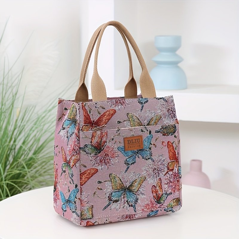 DLIU Vintage Floral Tote Bag - Large Capacity, Thick Knit Jacquard Fabric, Zippered Top-Handle Bag with Inner Zip Pocket - Ideal for Work, and Shopping - Beige/Rose Red, Stylish Everyday Use, Tote Bag|Vintage Floral Design|Durable Handle Bag