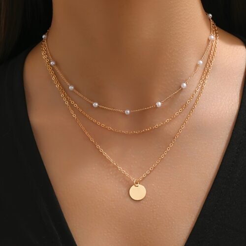 1pc Layered Necklace Simple Round Piece Pendant Necklace Faux Pearl Beaded Necklace Stylish Jewelry
