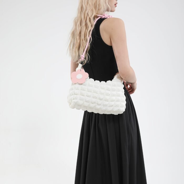 Chic Bubble Flower Shoulder Bag for Women, Lightweight Pleated Tote for Shopping & Daily Commute, Versatile Single-Strap & Crossbody Bag in Black, Pink, White - Polyester Lined, Zip Closur - Image 13