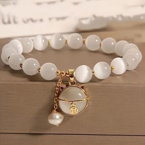 1pc Elegant Opal Bead Bracelet with Chic Cat Pendant – Vintage Bohemian Style, Perfect for Daily Wear or Special Occasions, Ideal Gift for Friends, All-Season Accessory, Cute Bracelets