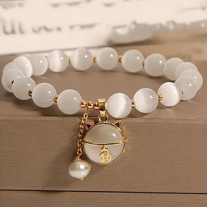 1pc Elegant Opal Bead Bracelet with Chic Cat Pendant – Vintage Bohemian Style, Perfect for Daily Wear or Special Occasions, Ideal Gift for Friends, All-Season Accessory, Cute Bracelets