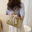 Elegant Woven Tote Bag with Floral Accent - Large Capacity, Rectangular Shape, Zipper Closure, Polyester Lining, Available in Beige, Green, and Cream, Perfect for Beach and Summer Outings, Beach Tote Bag|Elegant Tote Bag|Zippered Closure, Beach Bag