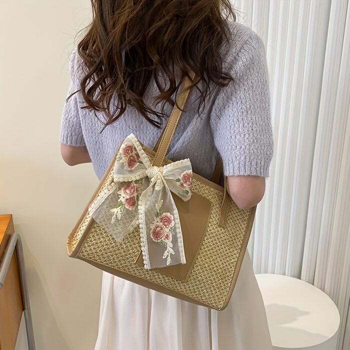 Elegant Woven Tote Bag with Floral Accent - Large Capacity, Rectangular Shape, Zipper Closure, Polyester Lining, Available in Beige, Green, and Cream, Perfect for Beach and Summer Outings, Beach Tote Bag|Elegant Tote Bag|Zippered Closure, Beach Bag - Image 3