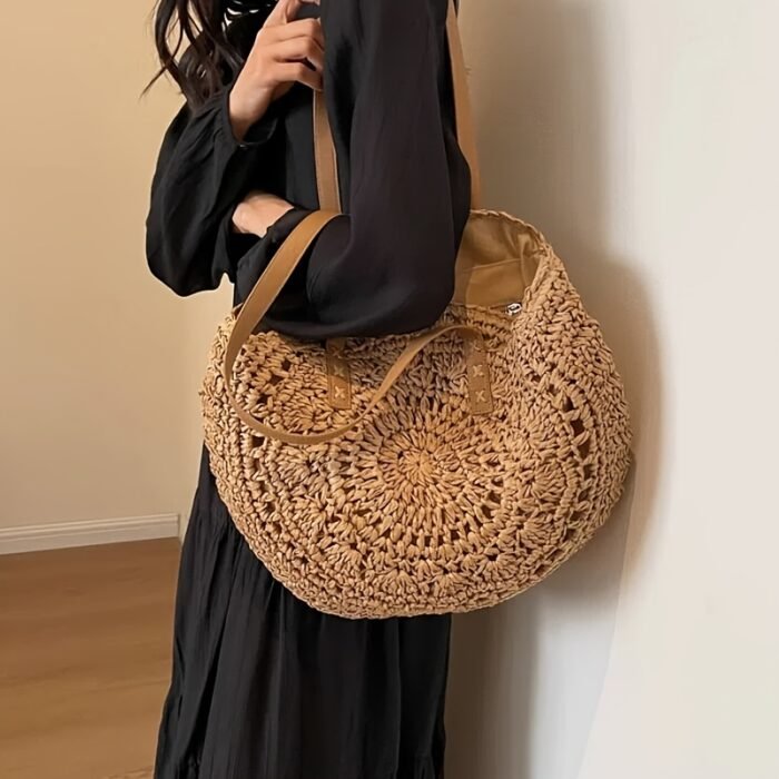 Summer Hollow Design Round Straw Tote Bag, Minimalist Woven Women's Tote Bag, Beach Bag, Suitable for All Seasons - Image 7