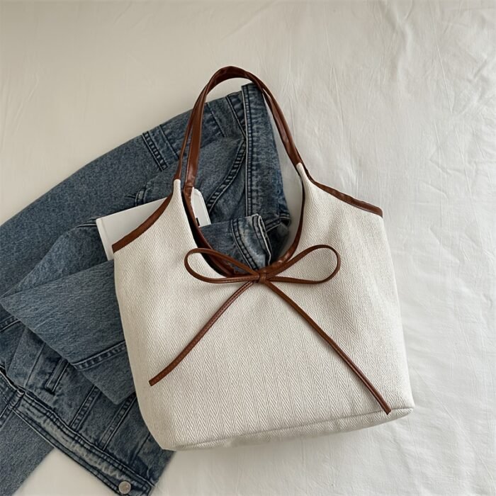 Women'S Crossbody Bag, Niche Patchwork Canvas Tote Bag, Commuting Fashion with Bow Tie, Shoulder Underarm Bag-- Stylish Design, Quality Workmanship, Comfortable Handle, 3 Colors to Choose from, Suitable for Shopping, Shopping, Work Commuting, Travel Leisure, School Classes, Dates and so on, Perfect holiday gif - Image 6