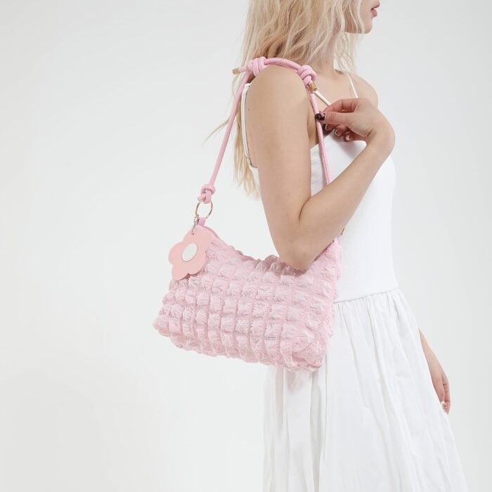 Chic Bubble Flower Shoulder Bag for Women, Lightweight Pleated Tote for Shopping & Daily Commute, Versatile Single-Strap & Crossbody Bag in Black, Pink, White - Polyester Lined, Zip Closur - Image 12