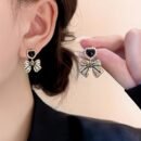 Elegant Vintage-Inspired Rhinestone Bow Earrings with Black Heart and Faux Pearl Accents - Alloy, Perfect for Daily Wear or Special Occasions, Vacation Jewelry|Elegant Earrings|Goldtone Finish