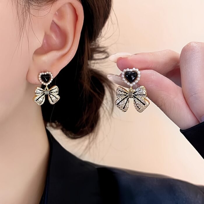 Elegant Vintage-Inspired Rhinestone Bow Earrings with Black Heart and Faux Pearl Accents - Alloy, Perfect for Daily Wear or Special Occasions, Vacation Jewelry|Elegant Earrings|Goldtone Finish - Image 2