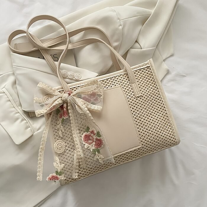 Elegant Woven Tote Bag with Floral Accent - Large Capacity, Rectangular Shape, Zipper Closure, Polyester Lining, Available in Beige, Green, and Cream, Perfect for Beach and Summer Outings, Beach Tote Bag|Elegant Tote Bag|Zippered Closure, Beach Bag - Image 8