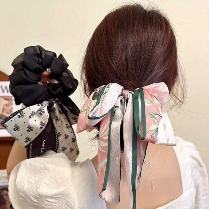 1pc Elegant Korean Style Bow Hair Tie - Sweet Spring/Summer Hair Accessory for Girls, Versatile Princess Hairband with Pink & Green Floral Design, Secure Hold Elastic Hair Ties, Daily Use Hair Accessories, Bowknot Hair Tie, Soft Texture Tie - Image 4