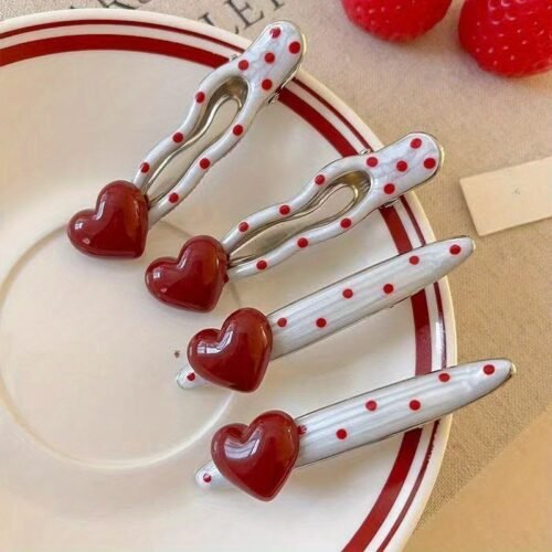 2pcs/4pcs Retro Fashion Heart Polka Dot Hair Clips, Cute Duckbill Clip, Bangs Barrette, High-End Edge Clamps Versatile Accessories for Spring and Summer