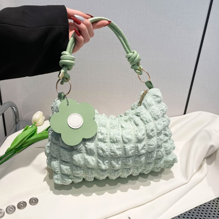 Chic Bubble Flower Shoulder Bag for Women, Lightweight Pleated Tote for Shopping & Daily Commute, Versatile Single-Strap & Crossbody Bag in Black, Pink, White - Polyester Lined, Zip Closur - Image 7