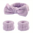 Solid Color Butterfly End Headband Wristband Set Women'S Wash Beauty Makeup Headband Wrist Flannel Hair Accessories Headwear Face Wash Headband Wrist Set Plush Elastic Headband Ladies Accessories Set