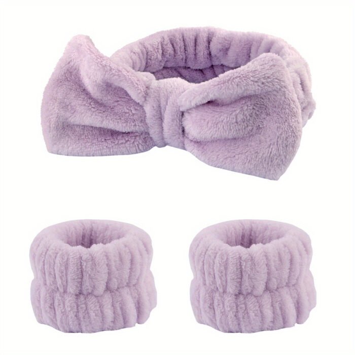 Solid Color Butterfly End Headband Wristband Set Women'S Wash Beauty Makeup Headband Wrist Flannel Hair Accessories Headwear Face Wash Headband Wrist Set Plush Elastic Headband Ladies Accessories Set - Image 15