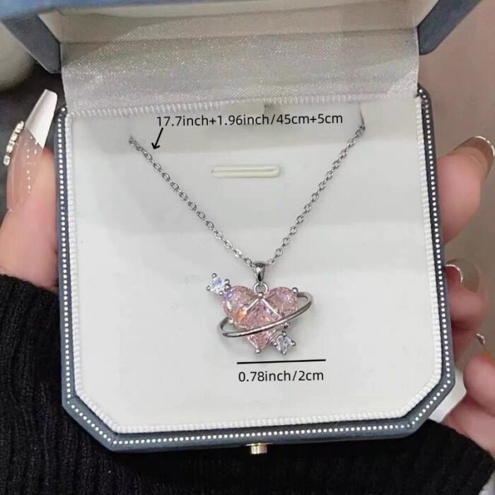 1pc Elegant Korean-Japanese Style Women's Necklace with Sparkling Pink Heart Rhinestone Pendant - Delicate Chain Jewelry Gift for Weddings, Anniversaries & Special Occasions, Necklace for Girlfriend, Wedding Accessory, Sleek Design - Image 5