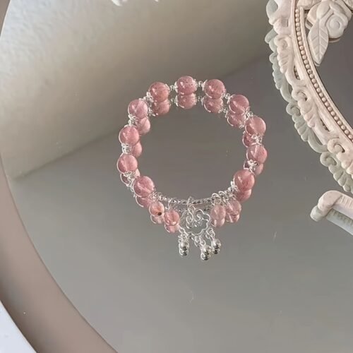 Elegant Strawberry & Butterfly Bracelet - Bohemian Style, Pink Glass Beads with Silver Accents, Perfect for Couples & Best Friends, Daily Wear or Special Occasions, Gift Bracelet|Bohemian Accessory|Glass Bead Bracelet