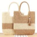 [Everyday Comfort] Large Capacity Woven Straw Tote Bag for Women - Stylish Beach Shoulder Handbag with Tassel Detail, Light Brown & Beige Two-Tone Design, Perfect for Spring and Summer Travel or Casual Outings, Casual Handbag | Chic Straw Tote | Natural Texture, Straw Handbag