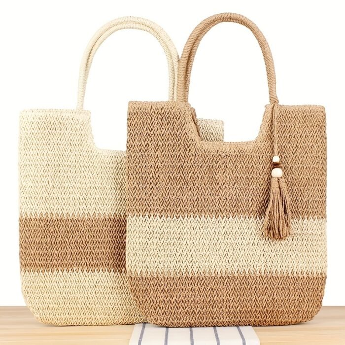 [Everyday Comfort] Large Capacity Woven Straw Tote Bag for Women - Stylish Beach Shoulder Handbag with Tassel Detail, Light Brown & Beige Two-Tone Design, Perfect for Spring and Summer Travel or Casual Outings, Casual Handbag | Chic Straw Tote | Natural Texture, Straw Handbag - Image 8