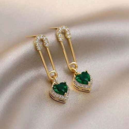 Elegant Green Rhinestones Heart Dangle Earrings - Vintage-Inspired, 925 Silvery Posts, Perfect for Casual Attire & Gifting, Love, Personality, Literary Fan
