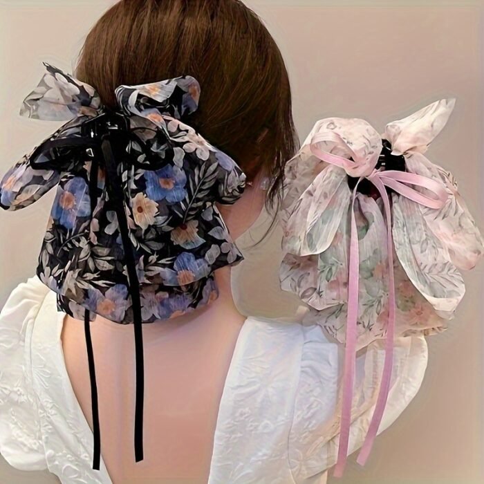 1pc Large Floral Bow Hair Claw Clip - Blue Orange Black White Spring Summer Hair Accessories for Women, Mother’s Day Gift, Party & Everyday Use, Hair Styling Accessories, Elegant Hairpiece - Image 2