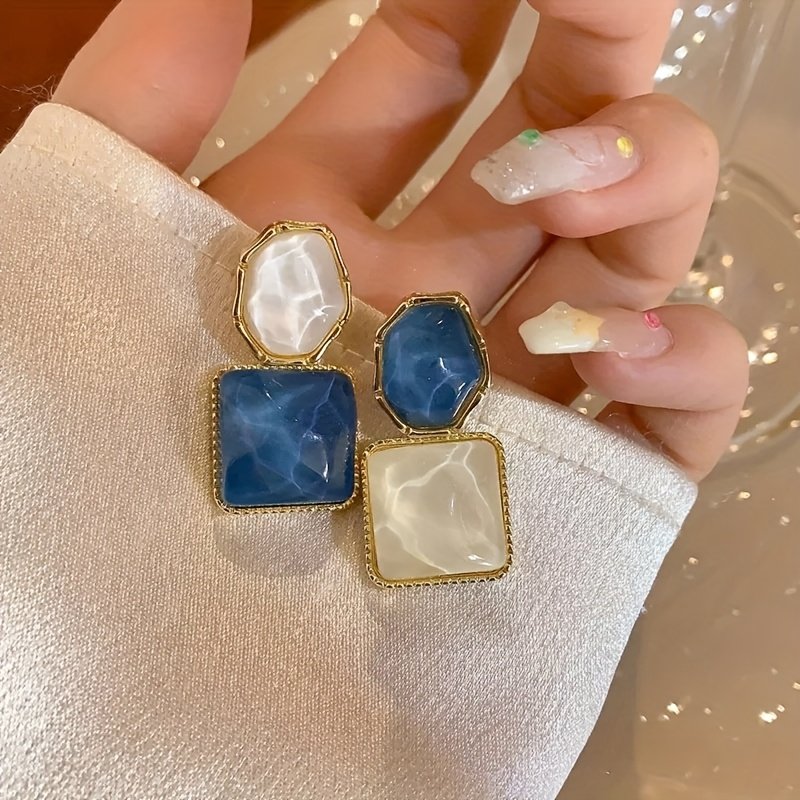 Elegant Asymmetrical Rhombus Drop Earrings for Women - Unique Geometric Design with Blue & White Gemstones, Golden-Tone Alloy, Perfect Gift for Casual Attire or Special Occasions, Gift for Occasion Jewelry | Geometric Earrings | Goldtone Finish, Drop Earrings