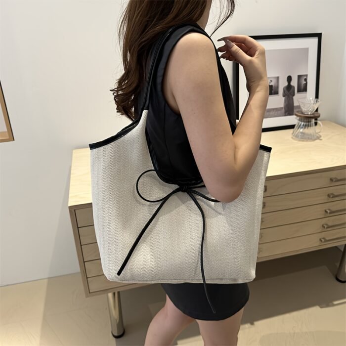 Women'S Crossbody Bag, Niche Patchwork Canvas Tote Bag, Commuting Fashion with Bow Tie, Shoulder Underarm Bag-- Stylish Design, Quality Workmanship, Comfortable Handle, 3 Colors to Choose from, Suitable for Shopping, Shopping, Work Commuting, Travel Leisure, School Classes, Dates and so on, Perfect holiday gif - Image 2