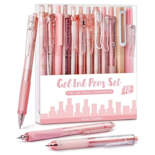 Pastel Gel Ink 0.5mm Fine Point Retractable Four Candies 12Pack Pen Set, 11 Pack Black Ink Pens with 1Pack Highlighter for Writing, Cute Note Taking Pens for School Office