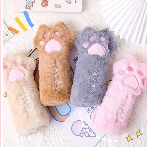 Cute Plush Cat Paw Pen Case, Large Capacity Korean Style Ins Fashion Stationery Pencil Pouch, Adorable Fluffy Pencil Holder for School and Office Supplies