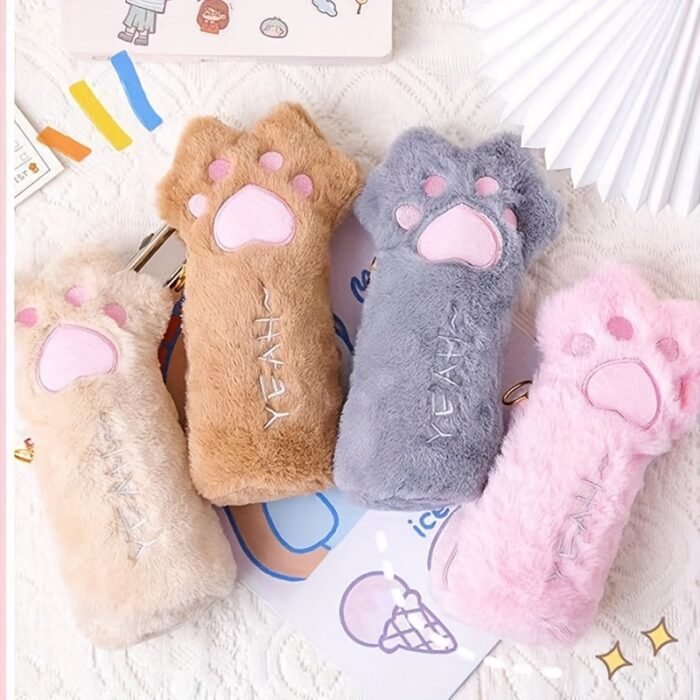 Cute Plush Cat Paw Pen Case, Large Capacity Korean Style Ins Fashion Stationery Pencil Pouch, Adorable Fluffy Pencil Holder for School and Office Supplies