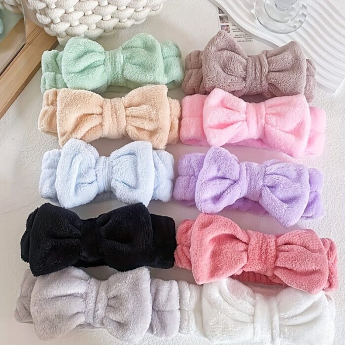 Solid Color Butterfly End Headband Wristband Set Women'S Wash Beauty Makeup Headband Wrist Flannel Hair Accessories Headwear Face Wash Headband Wrist Set Plush Elastic Headband Ladies Accessories Set - Image 3