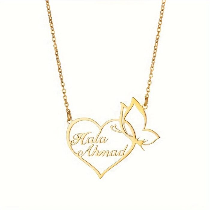 Customized 18K Golden Plated Stainless Steel Heart & Butterfly Necklace, Unisex Vintage Bohemian Style, Perfect for Daily Wear, Work, Dates, Gifts, Valentine's Day, Festivals, Parties - Image 3