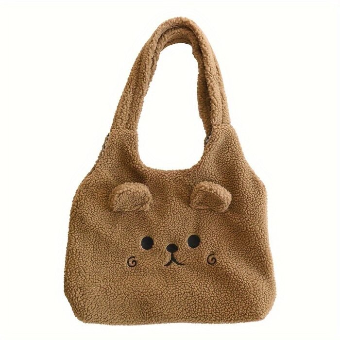 Soft Plush Cozy Tote Bag for Women - Magnetic Closure, Cute Cartoon Embroidery, Perfect for School & Shopping - Available in Deep Brown/White - Image 6