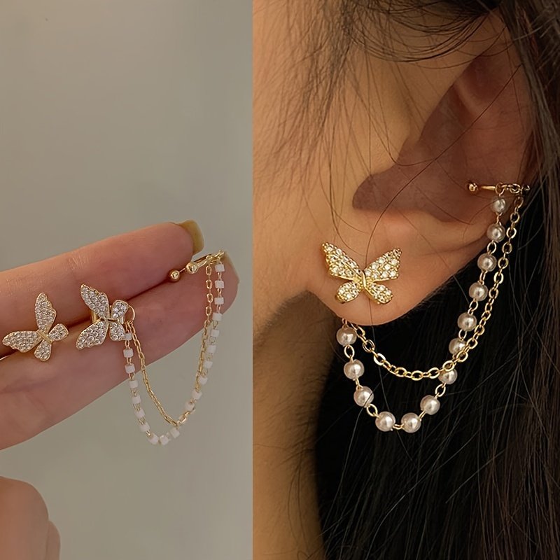 1 Pair of Temperament Simple Irregular Imitation Chain Tassel Butterfly Micro Drill Earrings Ear Clip Set for Girls, Valentine's Day Party Fairy Earrings
