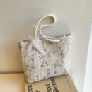 Chic Summer Woven Tote Bag - Korean Style, Beige Fabric with Floral Lace Detailing, Casual Small Crossbody Bucket Bag with White Strap and Polyester Lining, Casual Accessory | Floral Lace Bag | Buckle Closure