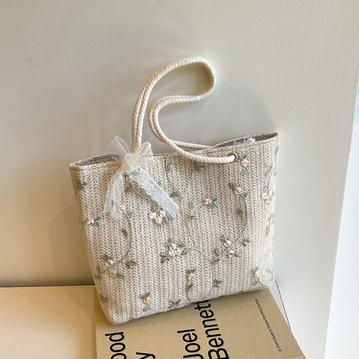 Chic Summer Woven Tote Bag - Korean Style, Beige Fabric with Floral Lace Detailing, Casual Small Crossbody Bucket Bag with White Strap and Polyester Lining, Casual Accessory | Floral Lace Bag | Buckle Closure - Image 11