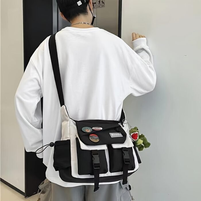 Large Capacity Nylon Messenger Bag for Students - Casual Japanese-Inspired Crossbody with Adjustable Strap, Contrasting Colors, and Badge Set - Ideal for School and Shopping, School Shoulder Bag|Contrasting Colors Bag|Adjustable Strap Bag