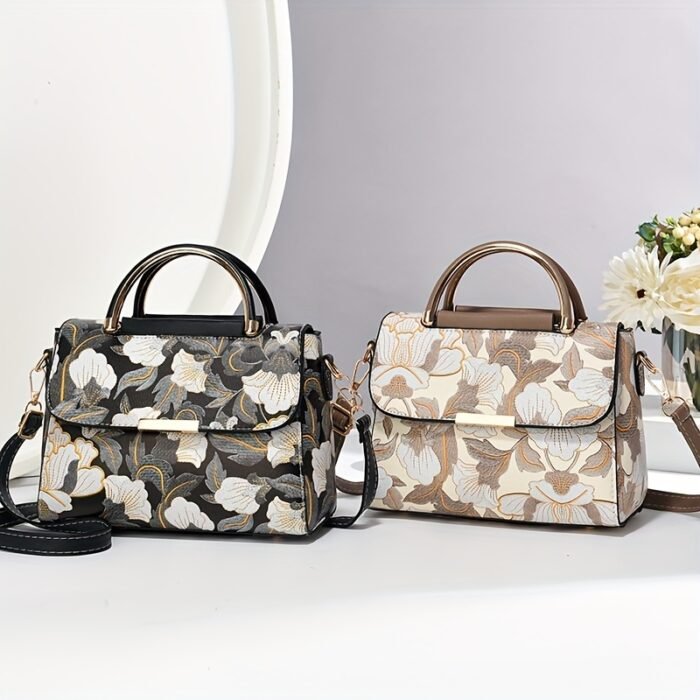 Elegant Floral Print Women's Handbag - Stylish Crossbody Bag with Golden-Tone Hardware, White Base & Black/Beige Floral Pattern, Lightweight & Spacious for Everyday Use - Image 5