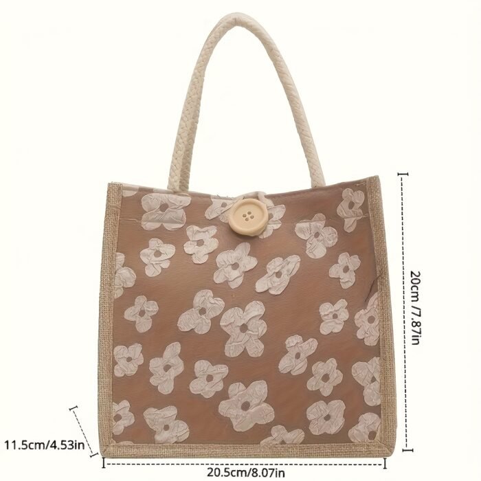 Chic Pink Floral Linen Tote Bag - Casual Japanese Bento Lunch Bag with Snap Closure, Hand Washable, Perfect for Women, Moms, and Students, Lightweight & Stylish, Ideal for Daily Use | Textured Woven Design - Image 5