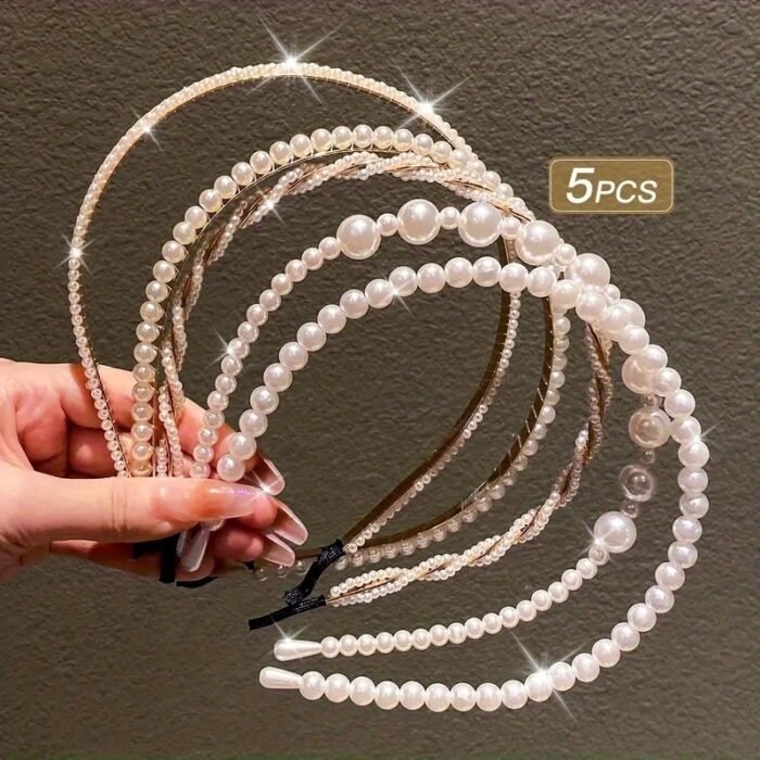 5pcs Elegant Faux Pearl Headbands for Women - Chic Plastic Hair Hoops with Imitation Pearls, Perfect for Styling and Accessories, Minimalist Design, Hair Accessories for Wome - Image 13