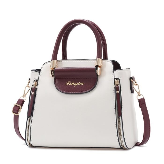 Stylish White & Navy Blue Women'S Handbag with Golden-Tone Hardware - Detachable Shoulder Strap, Zipper Closure, Polyester Lining - Perfect Gift for Mom or Family, Casual Chic Design, Durable Zipper Closure - Image 6