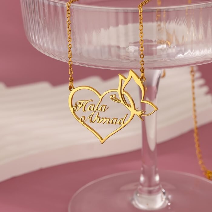 Customized 18K Golden Plated Stainless Steel Heart & Butterfly Necklace, Unisex Vintage Bohemian Style, Perfect for Daily Wear, Work, Dates, Gifts, Valentine's Day, Festivals, Parties - Image 2