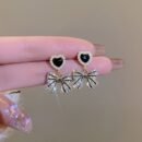 Elegant Vintage-Inspired Rhinestone Bow Earrings with Black Heart and Faux Pearl Accents - Alloy, Perfect for Daily Wear or Special Occasions, Vacation Jewelry|Elegant Earrings|Goldtone Finish